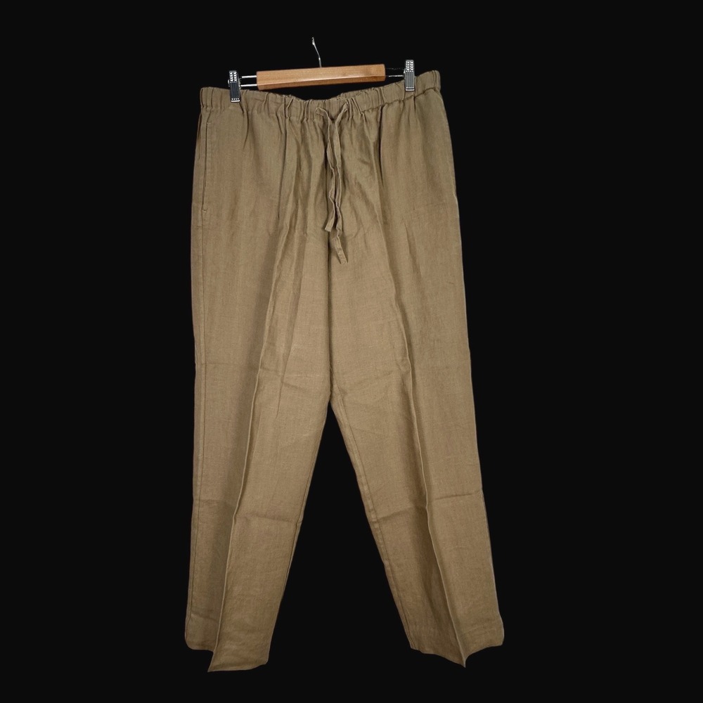 Orvis Womens 100% Linen Pants Tan Khaki Elastic Drawstring Waist Size L 14/16